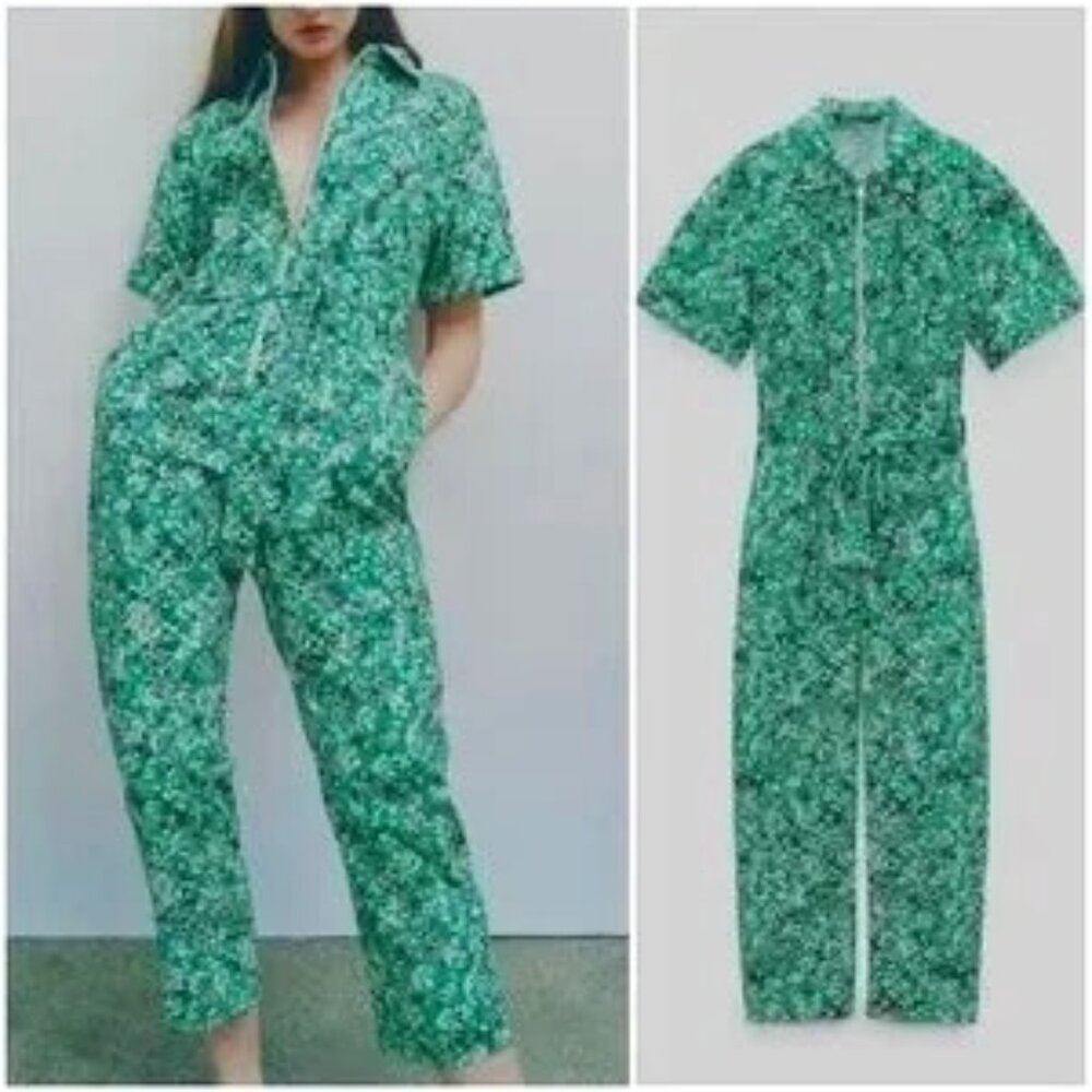 Zara Zippered Printed Jumpsuit Green Floral Ditsy Blogger's Fav Size S